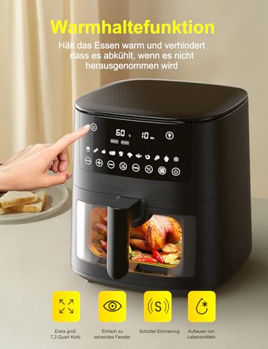 Heißluftfritteuse Airfryer mit Sichtfenster 7,2L, 11-in-1 Air Fryer XXL mit Warm halten, Vorheizfunktion & Abtau, Shake-Reminder Smart und Timer-Funktion, Gesunde Friteuse ohne Öl und fettarmes Kochen – Bild 5