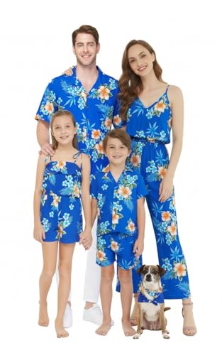 Image of Matchable Family Hawaiian Luau Men Women Girl Boy Clothes in Hibiscus Blue