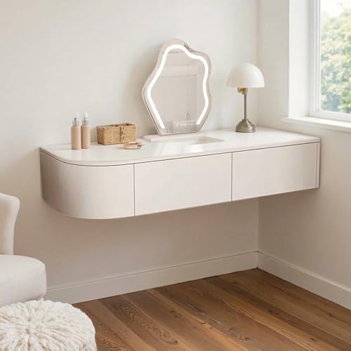 Moderna mesa de maquillaje blanca con espejo iluminado por LED, elegante escritorio esquinero y cómoda con cajones y estante para el hogar y la oficina