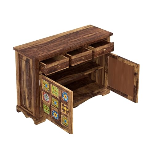 Image of SHIKHA WOOD CRAFT Solid Sheesham Wood Sideboard Cabinet with 2 Doors and 3 Drawers Storage | Wooden Kitchen Cabinet, Crockery Unit, Dining Room Organizer, Living Room Storage Furniture (Honey Finish)