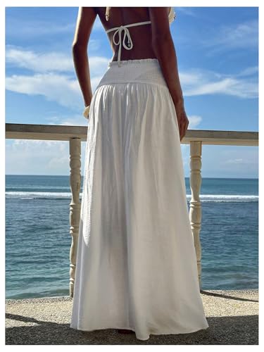 Milumia Women's Flowy Boho Maxi Skirt Low Waist Smocked Frill Ruffle Long Skirts3