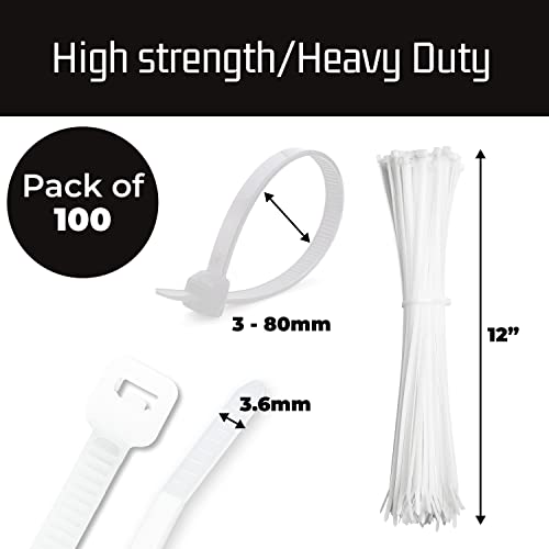 12" White Zip Cable Ties (100 Pack), 40Lbs Tensile Strength - Heavy Duty, Self-Locking Premium Nylon Cable Wire Ties For Indoor And Outdoor By Bolt Dropper (White) #TOP2