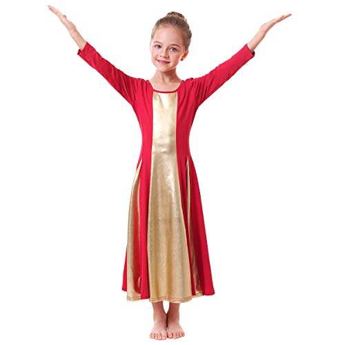 Metallic Gold Praise Dance Dresses For Girls Liturgical Lyrical Color Block Full Length Swing Gown Loose Fit Robe Ruffle Tunic Circle Skirt Long Sleeve Worship Dancewear Ballet Costume Red 11-12Y #TOP1
