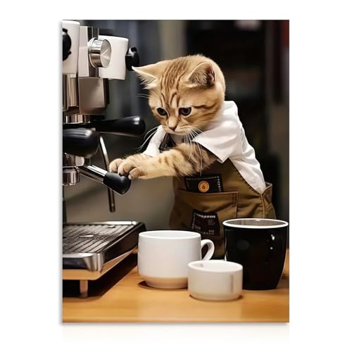 Dazzlewall Affiche Barista Chat Drôle, Tableau Toile Chat Tigrée Mignon Barista Cuisine 30x40 Cm Sans Cadre