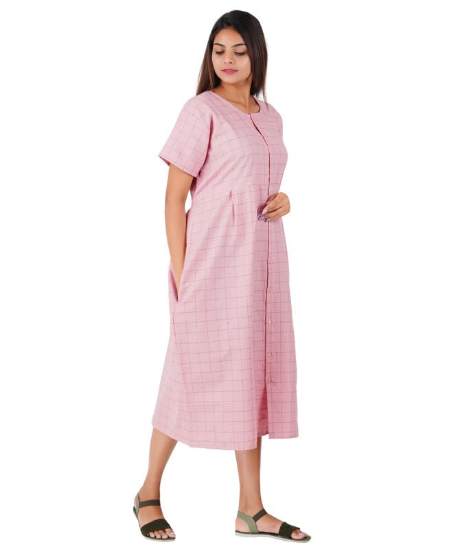 Image of Women's [L- 4XL] Full Open /Front Buttoned [a kind of Adaptive Clothing]Multipurpose Nighty for Maternity /Pregnancy /Elderly /Patient /Feeding /Hospital Purpose Nighty(Pink Checks - 2XL / Calf Length