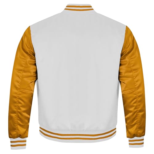 Classic Satin Varsity Letterman Jacket Bomber Design & Baseball-College Style Multicolor & Gold Sleeve4