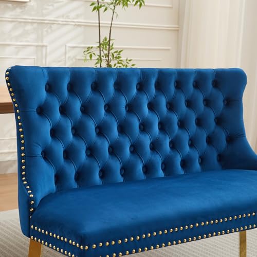 Image of 45.6''Velvet Dining Bench, Button Tufted Upholstered Dining Table Bench with Wing Highback, Nailhead Decoration, Small Loveseat Sofa with Gold-Plated Steel Legs, Mid Century Modern Seating, Blue