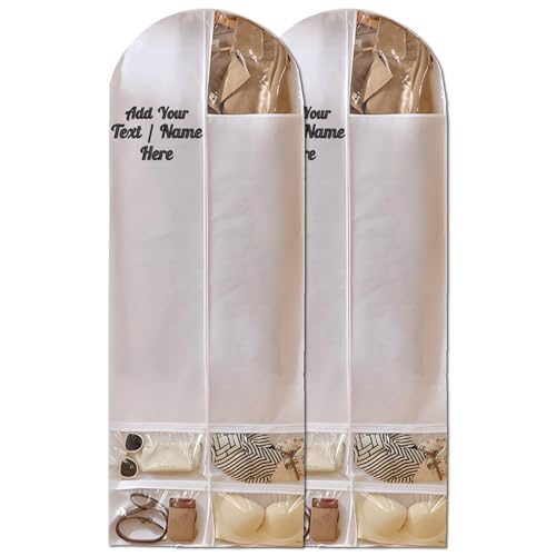[2 Pack] Custom Garment Bags Clothes Covers, 63'' Storage Garment Protectors Hanging Suit Bags Embroidered Name/Text Dress Bag for Gowns Long with 4 Pockets for Closet - White & White - Main Image
