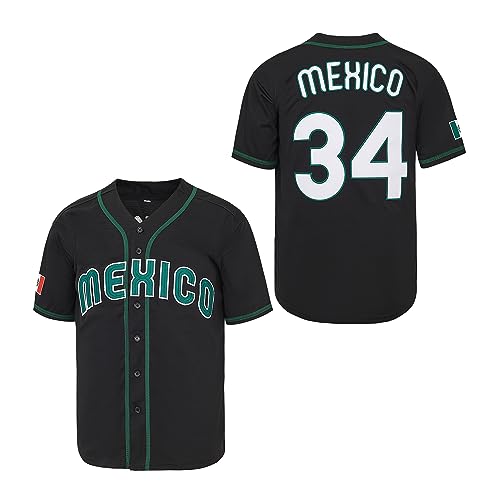 Men's Mexico 34 Button Down Jersey Short Sleeve Hipster 80S 90S Hip Hop Baseball Jersey (US, Alpha, Large, Regular, Regular, Black)