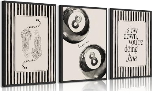 Xynvor 3Pcs Trendy Cheetah Canvas Wall Art Fashion Black Beige Stripe Posters Artwork Funky Lucky 8 Ball Painting Pictures Wall Decor for Bedroom Apartment Dorm Home Decoration 12x16in Unframed
