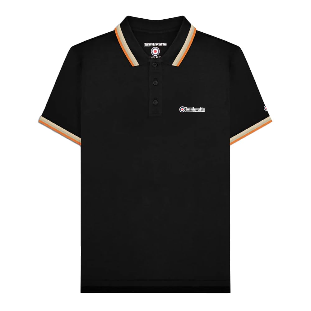 Lambretta Men's Black/Stone/Cashew/Orange Triple Tipped Polo Shirt - M