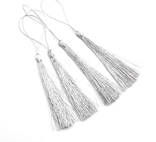 13cm/5 Inch Silky Floss Bookmark Tassels Gold and Silver with 2-Inch Cord Loop and Small Chinese Knot for Jewelry Making, Souvenir, Bookmarks, DIY Craft Accessory by Accessories Attic (Silver, 5)
