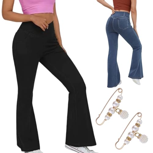 Stretchy Jeans High Waisted Crossover, High Waist Crossover Jeans, Pocket Stretchy Casual Flare Jean for Women