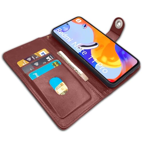 Image of Pikkme Redmi Note 11 Pro /Note 11 Pro Plus 5G Flip Cover Leather Finish | Inside TPU with Card Pockets | Wallet Stand and Shock Proof | Complete Protection Button Flip Case (Brown)