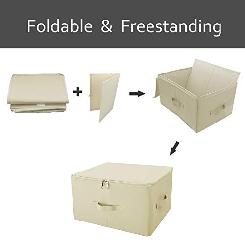 Image of Folding Wardrobe Clothing Storage Organizer Bins with Zip Lid, Beige, 2pcs | 45*35*25cm, Shelves storage baskets for clothes, beddings, blankets, duvets, pillows, 3-side Zipper & handles