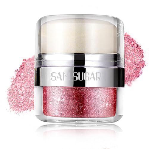 Body Shimmer Powder, Body Glitter Powder with Sponge Head, Eyes, Hair, Face Glitter for Women & Girls, 3D Contour & Long Lasting Luminous, Shimmer Makeup Perfect for Daily, Party (Pink)