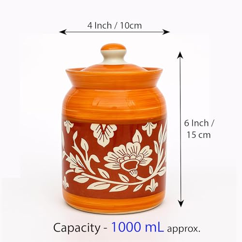 Image of D'Maiolica Ceramic Pickle Kitchen Jars in 1000ml (set of 2) | Handpainted Floral Bale 1 kg Achaar Martban Barni | Ceramic Storage Containers | Jars for Achar, Spices, Salt (Full Yellow Red Floral)