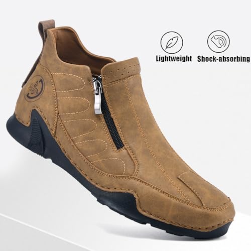 Men's Leather Slip-On Walking Ankle Boots Outdoor Non Slip Double Zipper High Top Driving Work Boots Daily Lightweight Chukka Shoes4