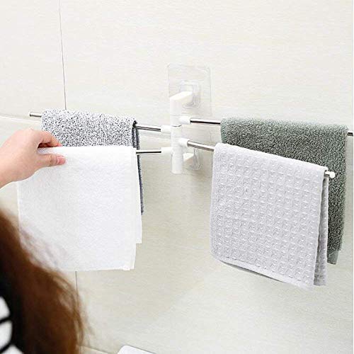 Mobhada 4 Bar Stainless Steel Folding Towel Hanging Bathroom Kitchen Holder Organizer Foldable Portable Adhesive Stand Long with Chrome Finish with Hanger 1