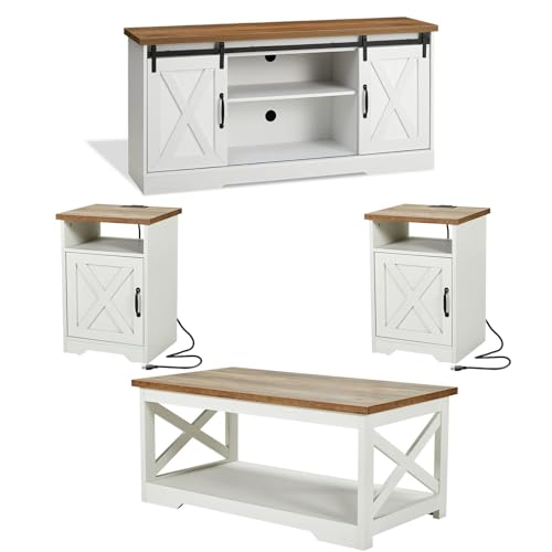 AMERLIFE 4 Piece Farmhouse Table Set with 66 TV Stand Distressed White