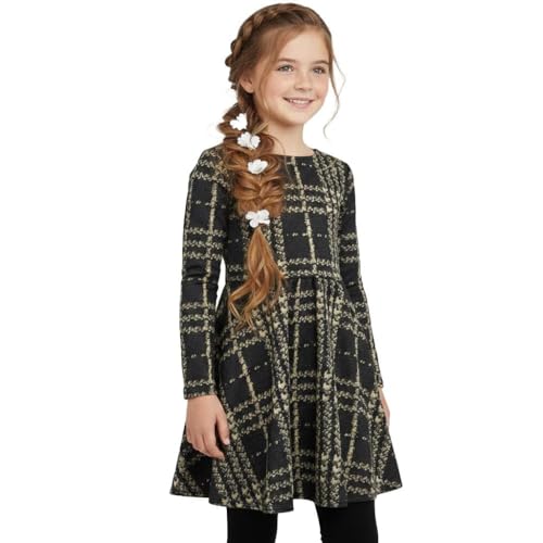 Vestido de patinadora de manga larga con estampado de tartán para niñas de 5 a 13 años
