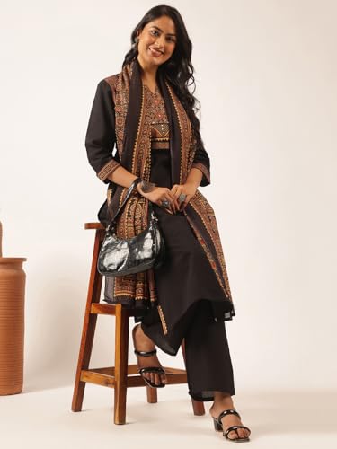 Image of Vbuyz Women Ajrakh With Yoke design Cotton Straight Kurta Set With Dupatta