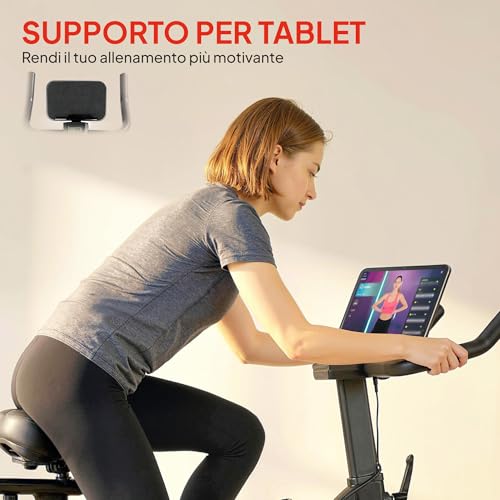 Sportnow Cyclette Da Casa, Cyclette Da Camera Con Resistenza Magnetica Regolabile Silenziosa, Sella E Manubri Regolabili, Volano Da 6 Kg, Schermo Lcd, Supporto Per Tablet, Ruote, Capacità 120Kg, Nero - 6