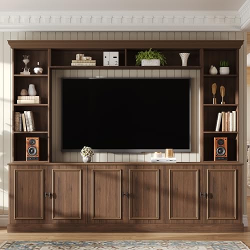 Image of JIJIWANG 97.4 inch Wall Unit Entertainment Center with Adjustable Shelves and Bookshelves, Extra Large TV Stand with Doors and Cabinet, Modern All-in-One TV Stand with Bridge for TVs Up to 70 inch Walnut