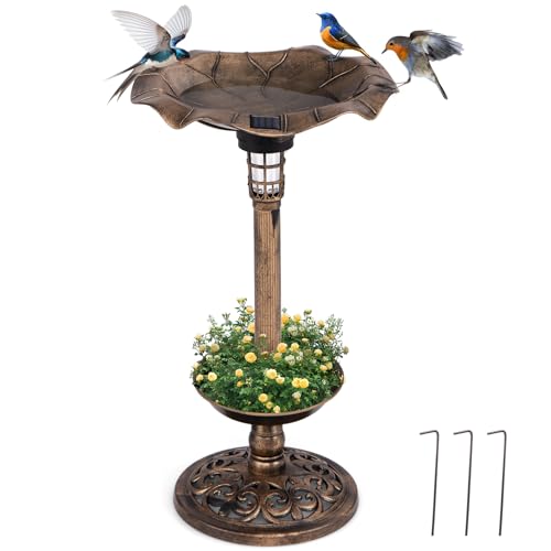 PETSITE Solar Bird Bath, Pedestal Bird Bath and Feeder for Outside with Lotus Leaf Water Bowl, and Flower Planter, Vintage Standing Birdbath for Outdoors Yard, Garden and Lawn, 30 inch Tall (Bronze)