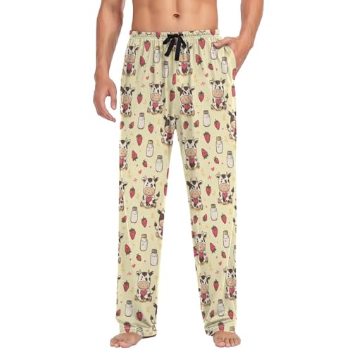 Vdsrup Men's Pajama Pants Cow Strawberry Milk Pajama Pants for Men PJs Bottoms Drawstring Pockets Sleep Lounge Pants S3