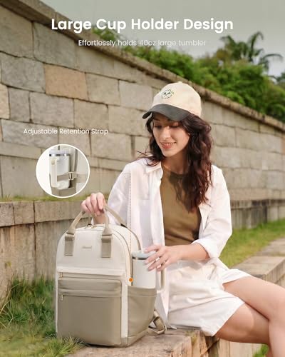 Image of LOVEVOOK Laptop Backpack for Women with Giant Tumbler Holder Pocket, 15.6 inch Laptop Computer Bag Travel Backpack Purse, Waterproof Work Nurse Teacher Bag College School Bookbag, Khaki & Beige