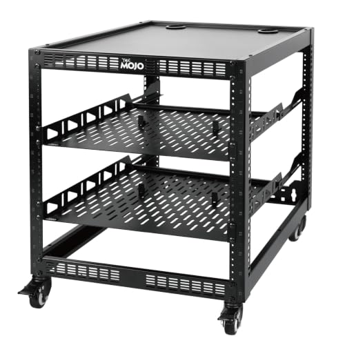 TECMOJO 12U Open Frame Network Rack for IT & AV Gear, 4-Post With Casters, Mobile With 2 PCS 1U Server Shelf & Mounting Hardware, for 19' Network, Audio and Video Device