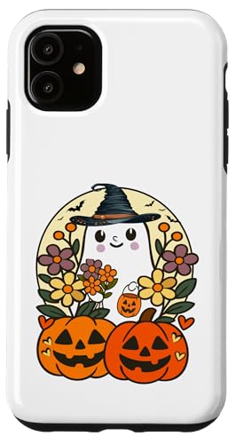 ヴィンテージのカボチャのハロウィーンを備えた面白い花の幽霊 スマホケース iPhone 11 用
