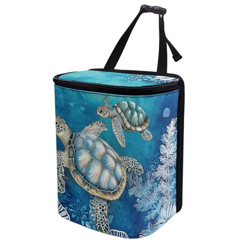 Image of Talayituse Turtle Water Plants Print Car Trash Can with Adjustable Straps, Zip Closure Car Trash Bag Bin Auto Garbage Bag Multipurpose Storage Box for Vehicle Travel Camping Picnicing
