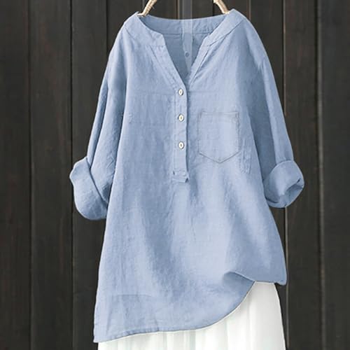 Linen Shirts for Women 2025 Trendy Summer Tops Button 3/4 Sleeve V Neck Plus Size Beach Blouses Boho Loose Tunic2