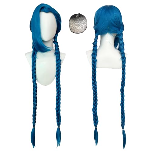 CICIBOLAYEZ 43inches/110cm Blue Cosplay Wigs with Bangs Long Straight Braided Wigs Synthetic Hair for Women Halloween Costume Party Cosplay Wig with Wig Cap