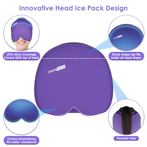 Image of ComfiTECH Head Ice Pack Wrap Cold Cap Cooling Gel Hat, Purple, L | Remains Pliable Frozen, Cold Compress for Head, Sinus Tension, Stress and Puffy Eyes