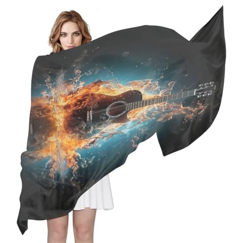 Electric Guitar Music Scarves for Women Lightweight Fire Guitar Silk Scarf Long Fashion Soft Neck Scarves Sheer Shawl Wrap Muffler Neckerchief 180x90 CM