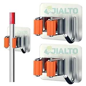 JIALTO 2 Pcs Stainless Steel Broom Holder with Hook - Wall-Mounted Adhesive Storage for Brooms, Mops, and More in Home and Kitchen