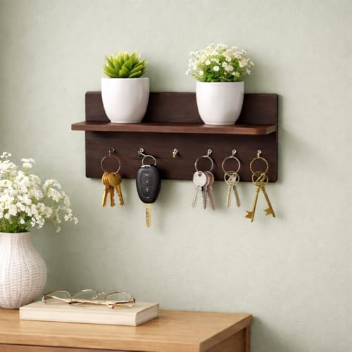 Image of CAPIO ART Wooden Key Holder for Wall with Shelf, Dark Walnut Finish | 6 Hooks, Wall Mounted, 9 x 6 Inch, Multipurpose Organizer
