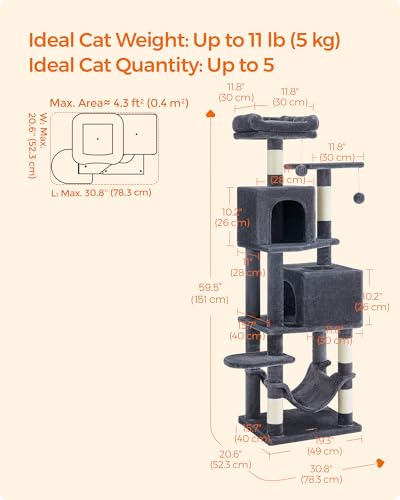 Image of Feandrea Cat Tree, 59.5-Inch Tall Cat Tower, Plush Multi-Level Condo with 5 Scratching Posts, 2 Perches, 2 Caves, Hammock, 2 Pompoms, Smoky Gray UPCT192G01
