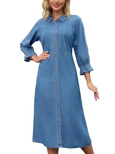 CIMUK Women Denim Dresses Midi 2025 Casual Ruffle 3/4 Sleeve Jean Button Down Shirt Dress X-Large Blue