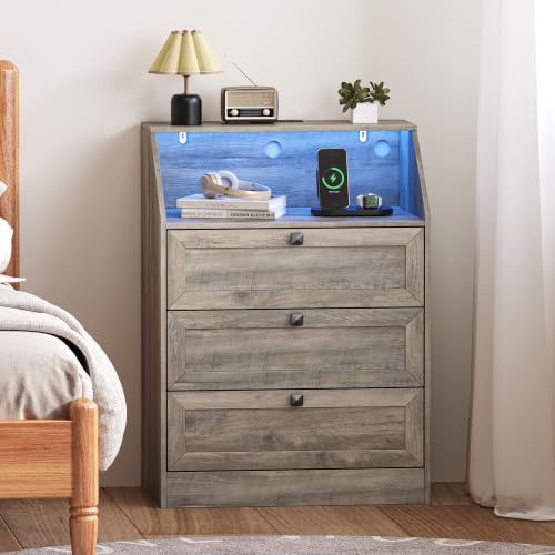 Image of Wodeer Grey Dresser 3 Drawer Nightstand, Wood Night Stand with LED Lights, Charging Station, Metal Handles, Modern Storage Cabinet and Organizer Drawers for Living Room, Hallway
