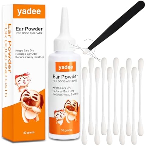 Dog Ear Cleaner Powder, Dog Ear Powder for Hair Removal, Dog Ear Infection Treatment,30g Ear Powder for Dogs Plucking with Tweezers&10pcs Large Cotton Swabs, Remove Wax&Odor, Dog Ear Hair Removal Tool Cover