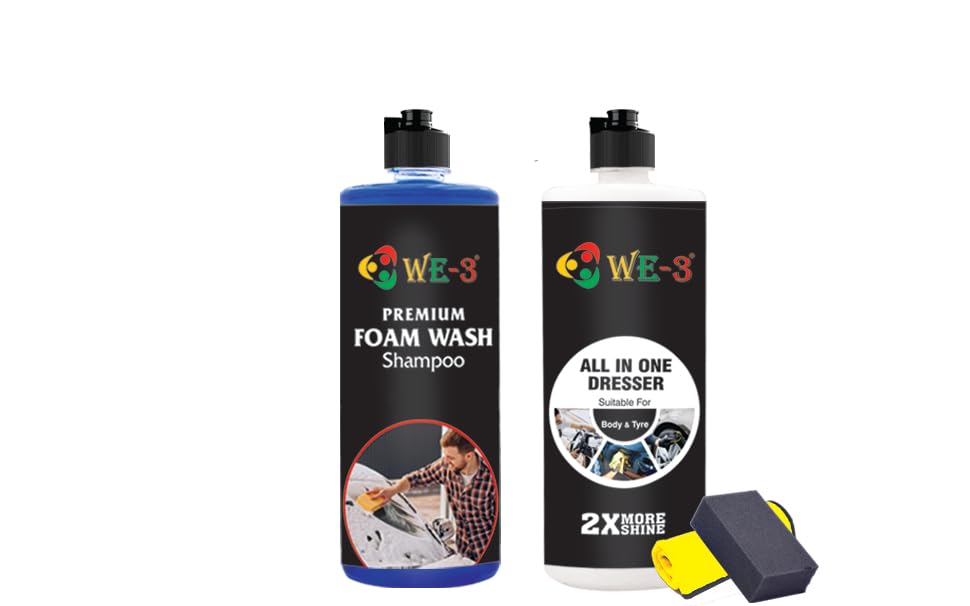 WE-3 CAR CARE COMBO PACK OF 4, 500ML, DASHBOARD POLISH, FOAM WASH SHAMPOO, SNOW WHITE FOAM, WITH 600GSM MICROFIBER WITH POLISHING SPOUNJ (500ML)-image-0