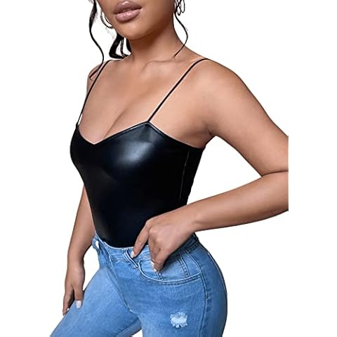 Floerns Camiseta sin mangas de cuero PU correa de espagueti Clubwear Cami para mujer Cover