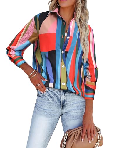 Blouses for Women Aesthetic Button Down Shirts Long Sleeve Dressy Casual Floral Tops Fall Outfits for Women 2025 Trendy - Green Mix Striped M