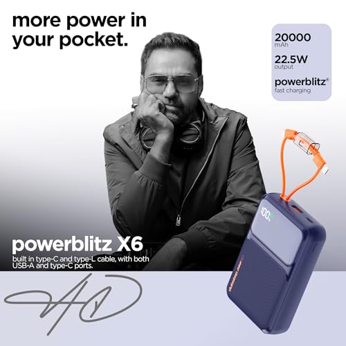 Image of Dubstep Powerblitz X6 20000mAh 22.5W Super Fast Charging, USB Type-C Input Power Bank with Fast Charging & 22.5W Power Delivery, Built-in Charging Cables, 4 Outputs, Type-C Input /Output Port (Blue)