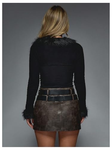 Floerns Women's Fur Trim Long Sleeve Cardigan Open Front Knit Cropped Bolero Shrug Sweater2