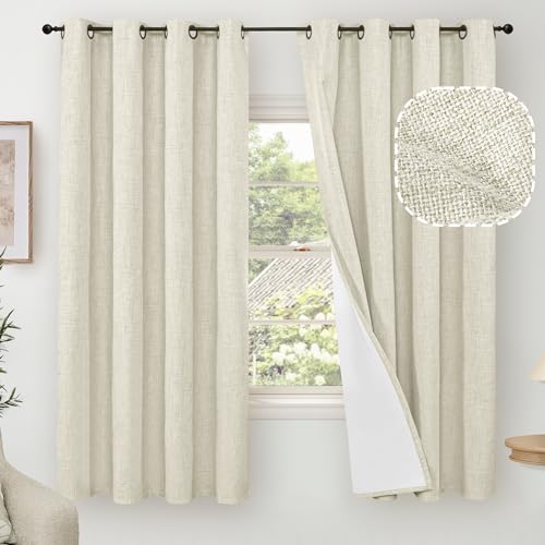 Lajode 100% Blackout Curtains for Bedroom 63 Inch Length 2 Panels Thermal Insulated Complete Light Blocking Noise Reducing Linen Window Curtains for Nursery Bronze Grommet Each 52 Wide Natural